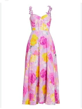 ML Monique Lhuillier Carmen Linen Midi Dress Blooming Peonies NWT Size 14